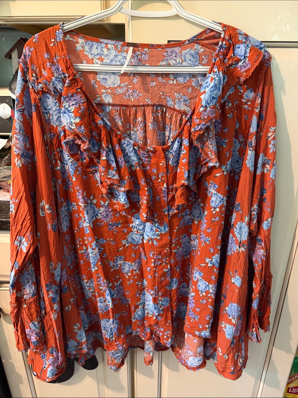 Free People Rust Orange Blouse with Blue Floral Print